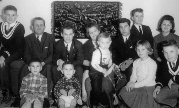 A black-and-white old photo of the Turcotte family.