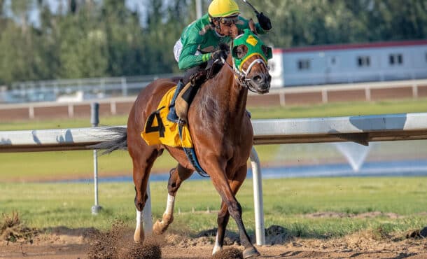 A horse and jockey on a racetrack.