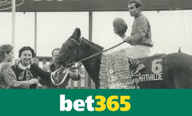 An old black-and-white winners circle photo; the best365 logo.