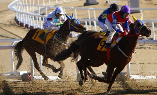 Horses racing on a dirt track.