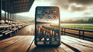 An AI image of a cell phone with a racetrack in the background.