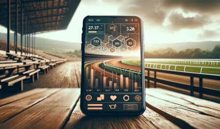 An AI image of a cell phone with a racetrack in the background.