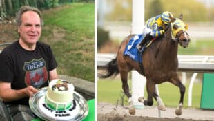 A man with a birthday cake; a bay horse racing at Woodbine.