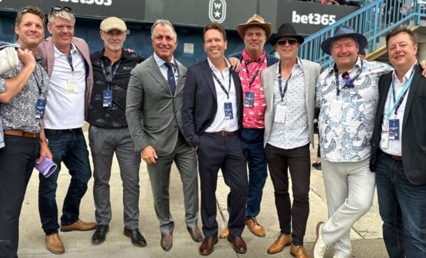 A group of men at Woodbine Racetrack.