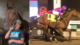 A woman holding a horse in a stall; the same horse winning a race at Woodbine.