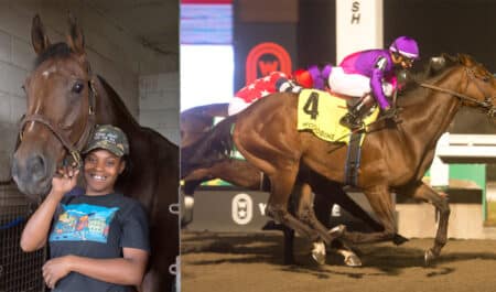 A woman holding a horse in a stall; the same horse winning a race at Woodbine.