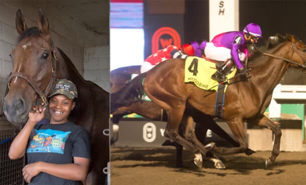 A woman holding a horse in a stall; the same horse winning a race at Woodbine.