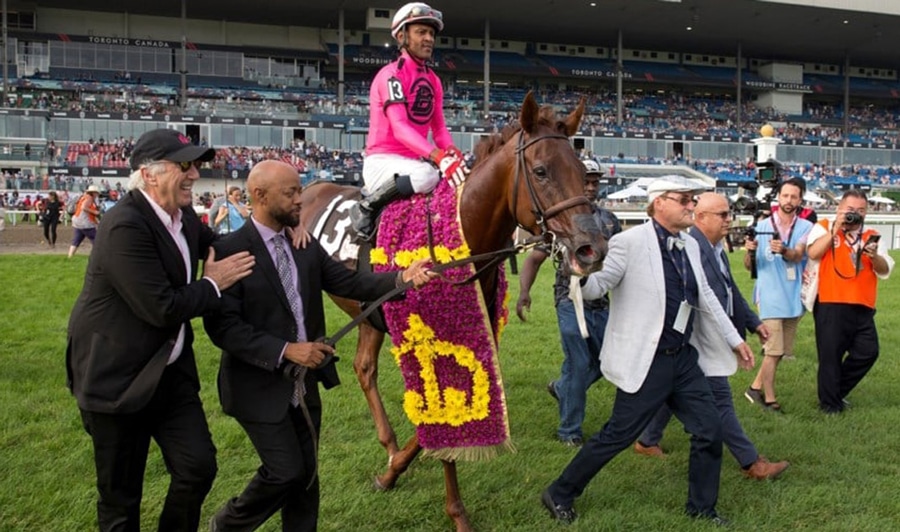 A jockey wearing pink silks.