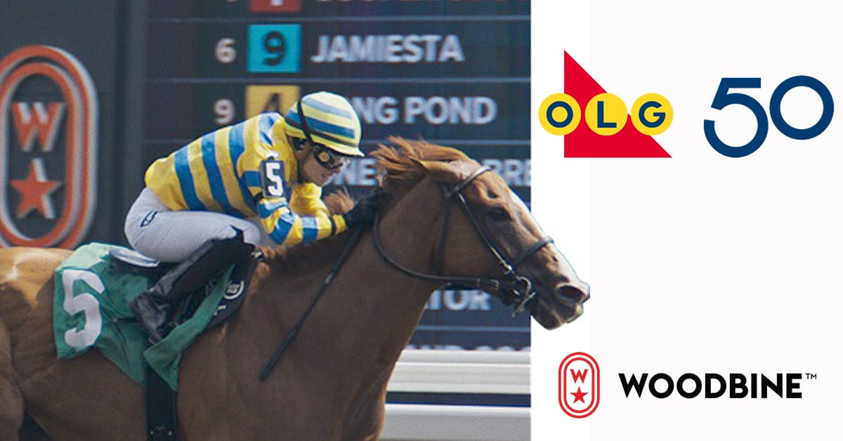 A horse racing at Woodbine; the OLG and Woodbine logos.