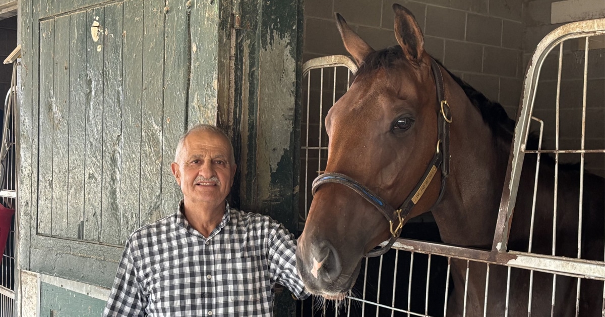 A man standing with a bay horse in its stall at the track.
