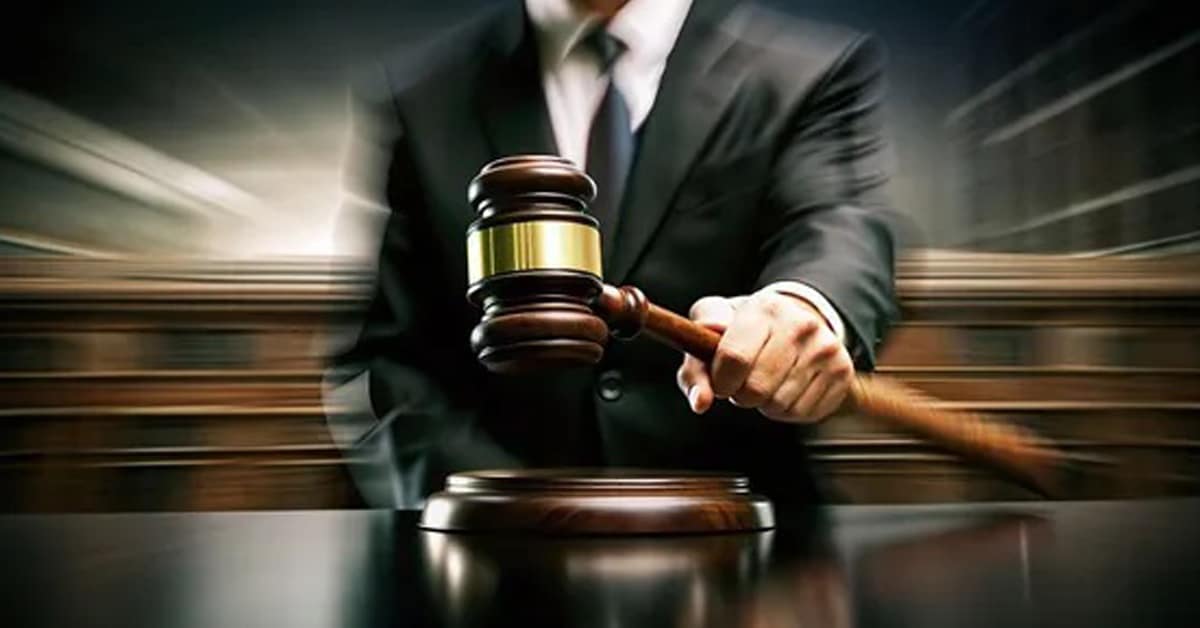 AI image of a man in a suit hitting a gavel.