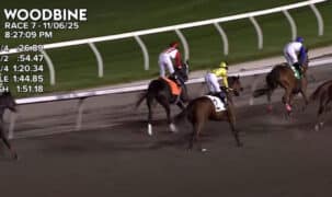 Screen shot of horses crossing the finish line at Woodbine.
