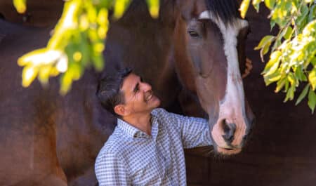 A smiling man patting a bay horse.