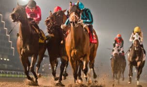 Head-on shot of horses racing at Woodbine.