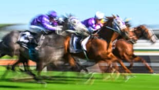 A blurred photo of horses racing.