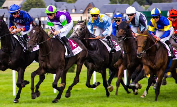 Horses racing on the turf.