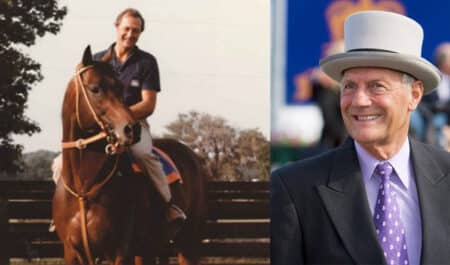An old photo of a man on a bay racehorse; a headshot of Roger Attfield in a top hat.
