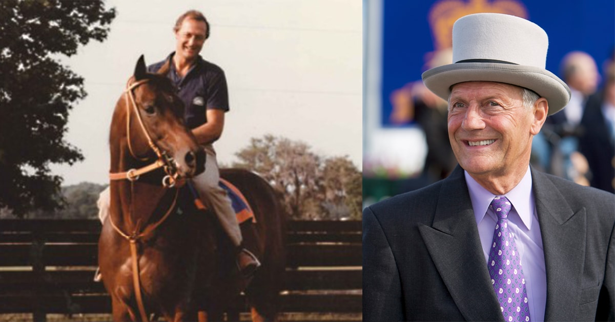 An old photo of a man on a bay racehorse; a headshot of Roger Attfield in a top hat.