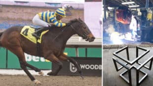 A female jockey winning a rae at Woodbine; a woman welding; a metal welded piece.