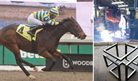 A female jockey winning a rae at Woodbine; a woman welding; a metal welded piece.
