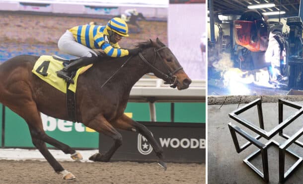 A female jockey winning a rae at Woodbine; a woman welding; a metal welded piece.