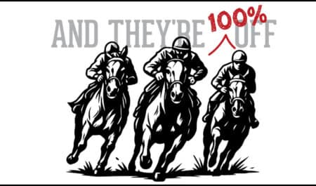 A graphic of three horses racing with the words 'And they're 100% Off' above it.