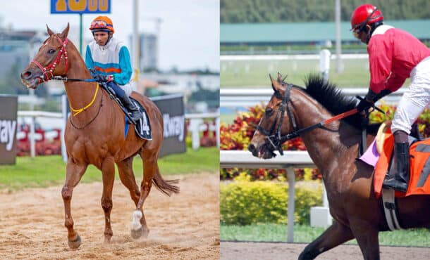 Two images of jockeys on trotting racehorses.