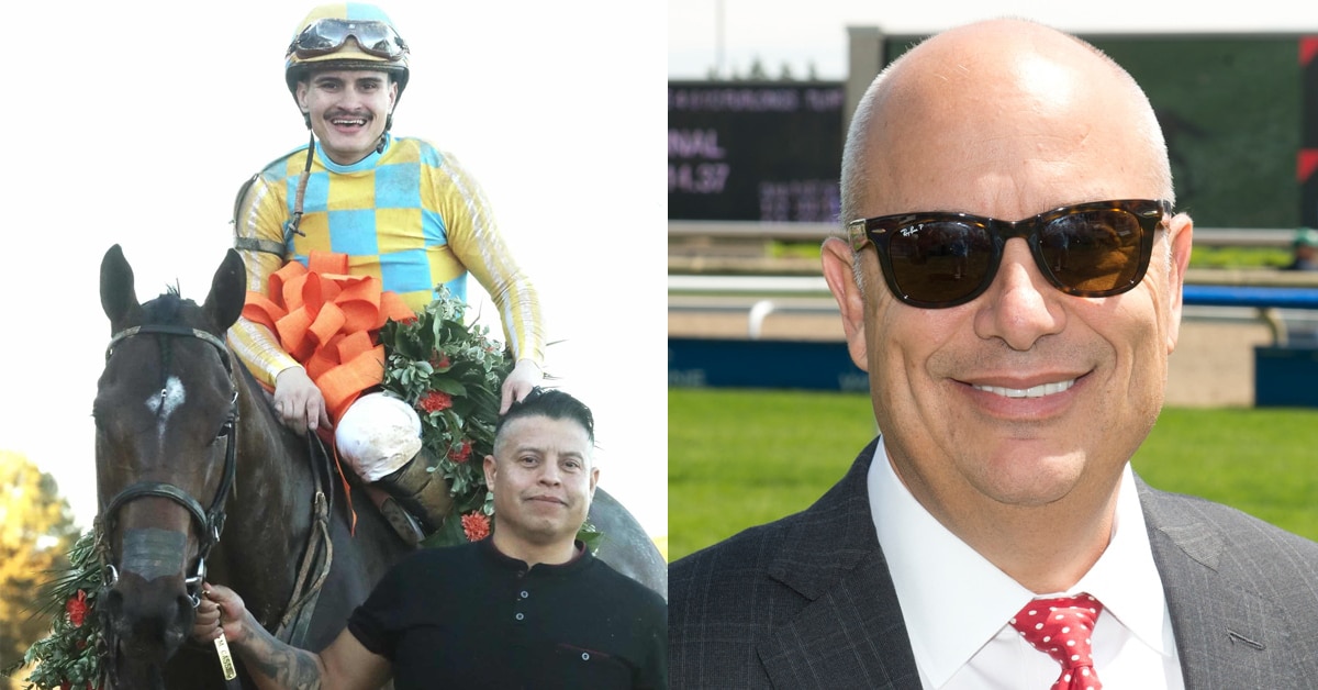 A smiling jockey on a racehorse being led by another man; A smiling man at Woodbine.
