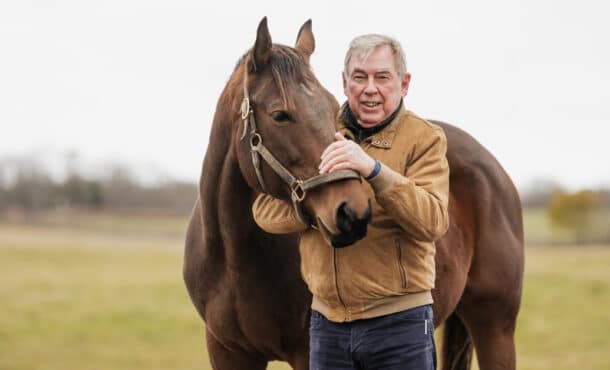 A man holding a bay mare in a field.