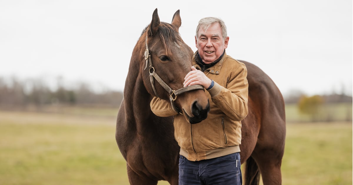 A man holding a bay mare in a field.