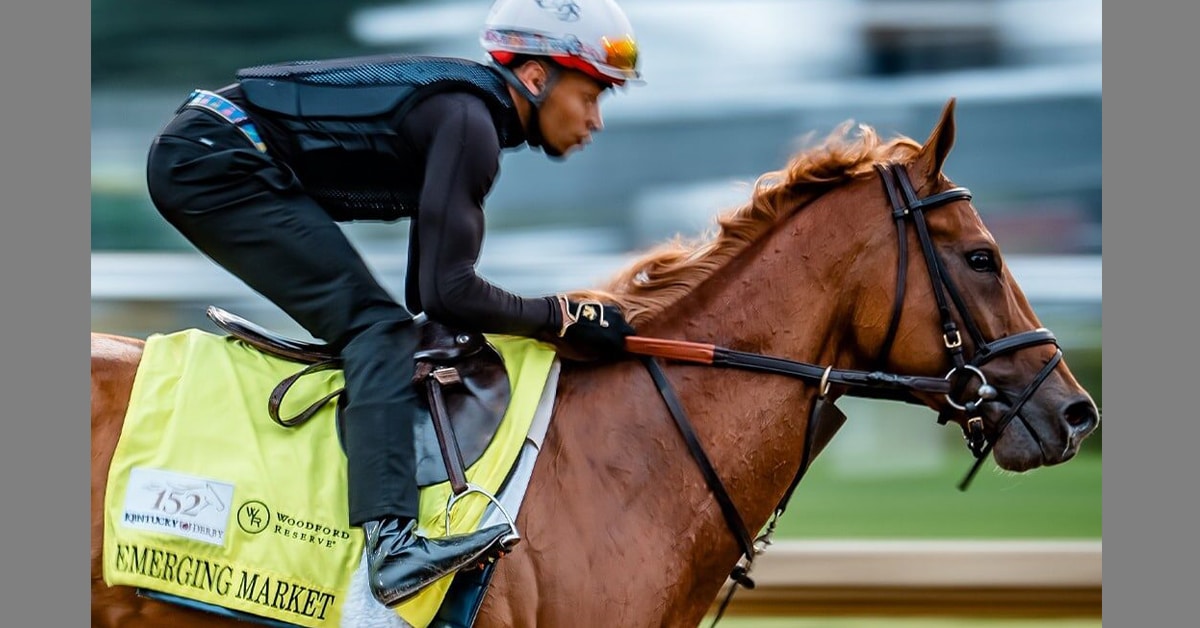 A chestnut horse being worked at Churchill downs.