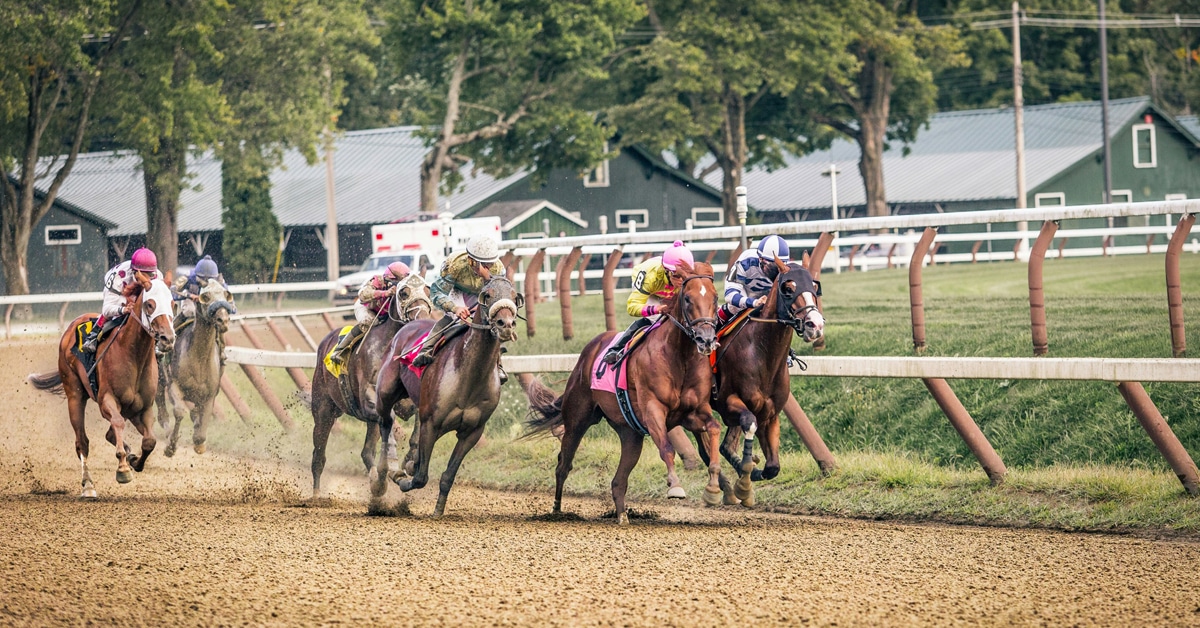 Horses racing on a dirt track.