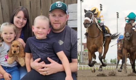 A man with his wife and two children; horses racing at Woodbine.