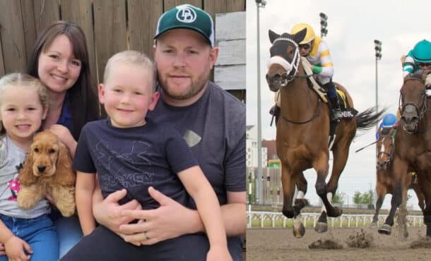 A man with his wife and two children; horses racing at Woodbine.