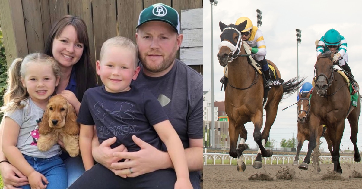 A man with his wife and two children; horses racing at Woodbine.