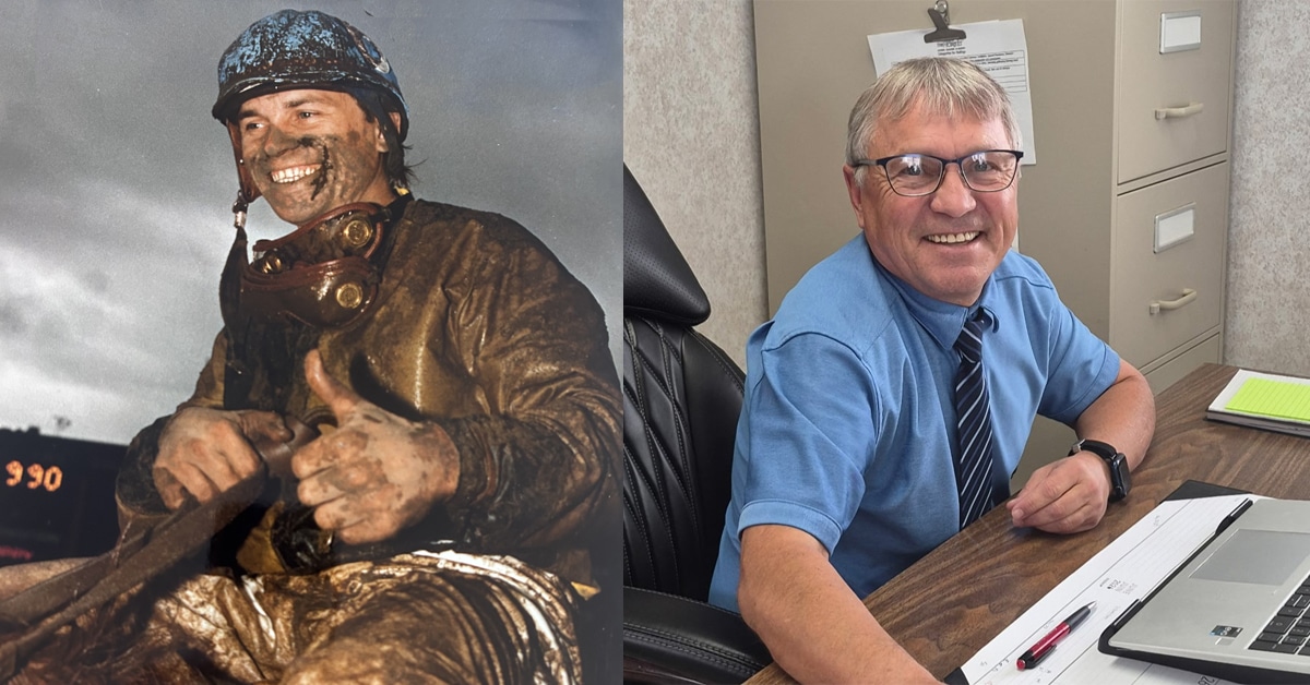 A smiling jockey covered in mud; a smiling man sitting at a desk.