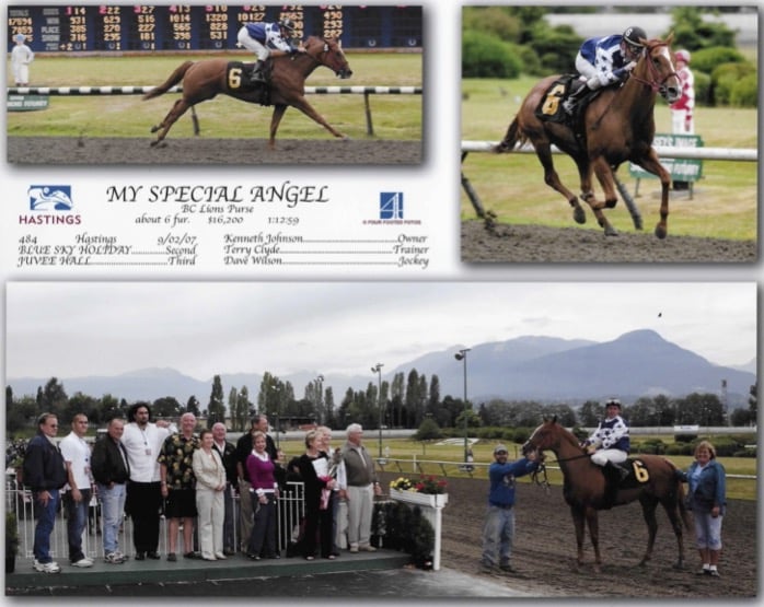 Winning race photos of a chestnut mare.