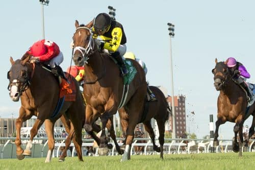 Horses racing to the finish line at Woodbine.