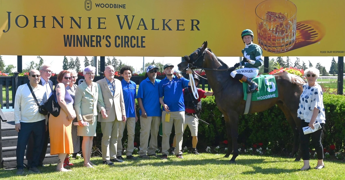A group of people and a horse in the winners circle at Woodbine.