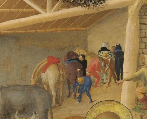 Part of a painting showing grooms and horses.