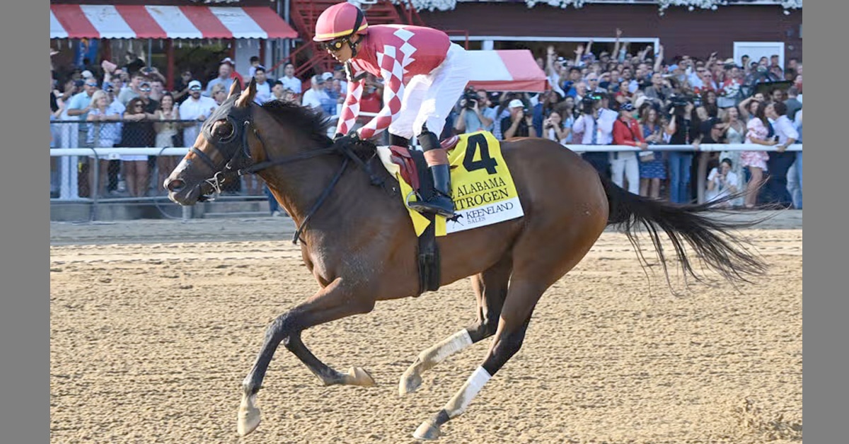 A bay horse winning a race at Saratoga.