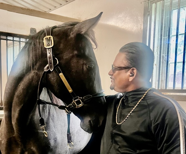 A man in a barn with a young grey horse.