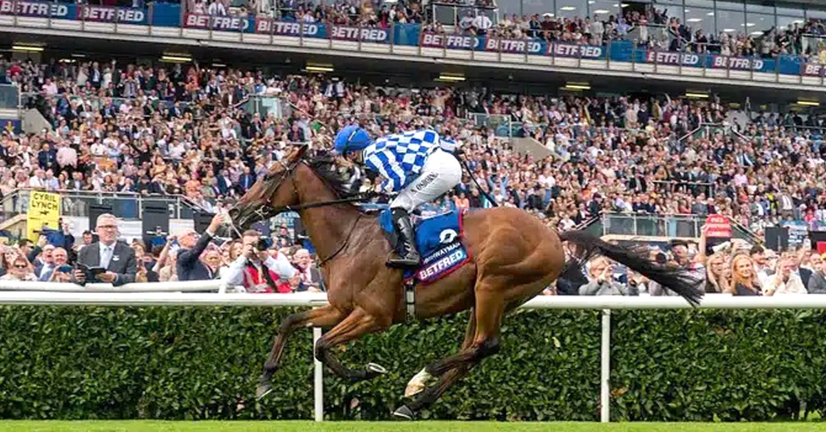A female jockey winning a race on a bay horse in England.